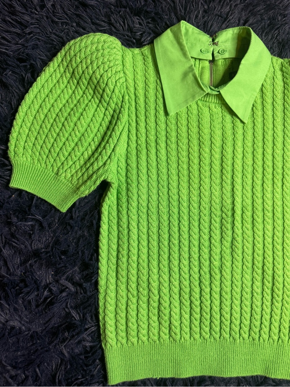 Brand NWOT Alice + Olivia Chase Cable Knit Puff Sleeve Sweater In Green. Size S - Picture 12 of 16
